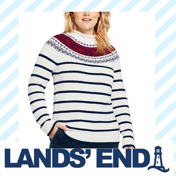 π₯ Landβs End NWT Roll Neck Cream Sweater red & blue 1X - Picture 2 of 11